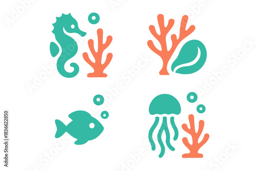 Underwater Seahorse & Coral. Icons for: Seahorse Coral Bubble, a curled marine figure near branching reefs, a delicate shape