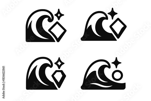 Tide and Shine. Icons for: a tide crest touching a gleaming edge, a water rise brushing a shining stone, a rolling swell meeting a