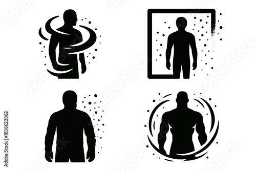 Dusty Silhouette Icons. Icons for: dust swirling around a steady silhouette, fine specks drifting near a broad frame, earth