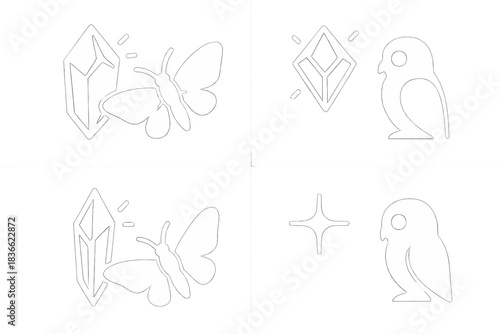 Crystal's Glow and Wings. Icons for: a crystal’s glow touching silent wings, a faceted light brushing a nocturnal outline, a