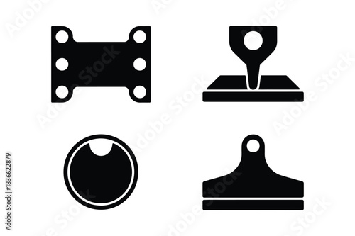 Four black silhouette icons representing different tools and objects