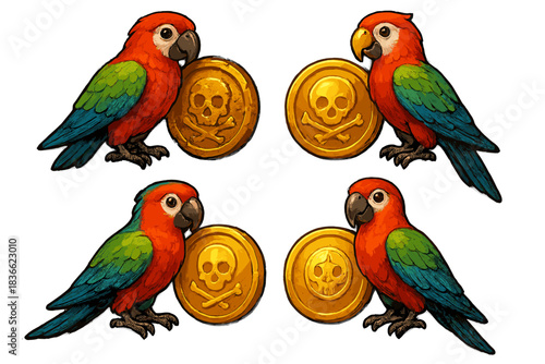 Parrot and Pirate Coin. Icons for: Parrot Pirate Coin, a bright flier beside a worn doubloon, a bold bird near a sea-rover’s token