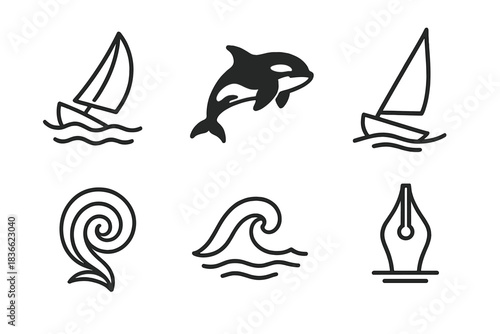 Orca Drift Icons. Line vector icons of Nautic Orca Drift: drifting sea span, orca mark, angled sail, tide swirl, tiny foam crest,