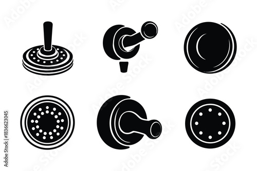 Set of six black and white icons representing various mechanical components