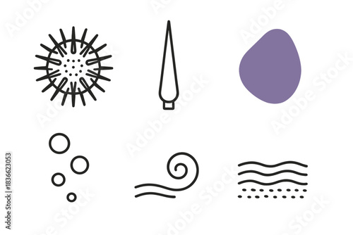 Sea Urchin Icon Set. Line vector icons of Sea Urchin Spine Purple: sea urchin form, sharp spine, purple hint shape, tiny bubble,