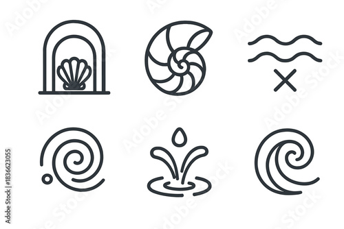 Secret Shell Chamber Icons. Line vector icons of Secret Shell Chamber: chamber recess, shell bend, hidden mark, tide swirl, splash
