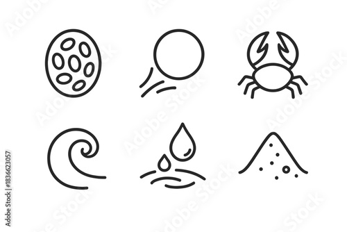 Dune Bubble Life Icons. Line vector icons of Dune Bubble Life: dune grain, drifting bubble, crab hint, tide curl, droplet flick,