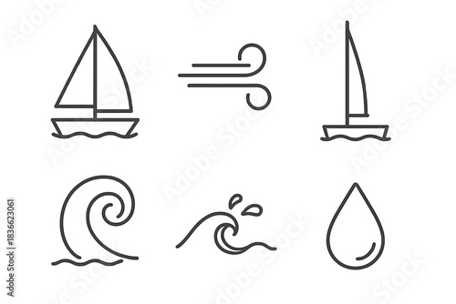 Sailboat Line Icons. Line vector icons of Sailboat Wind Mast: sailboat form, strong wind arc, tall mast, wave curl, tiny spray,