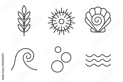 Coastal Urchin Icons. Line vector icons of Coastal Urchin Prick: coastal grain, prick outline, purple motif, ripple curl, bubble