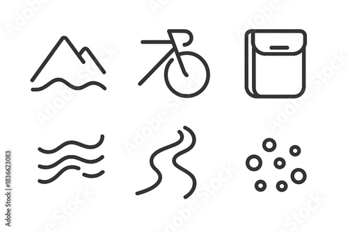 Ridge Cycle Carrier Icons. Line vector icons of Ridge Cycle Carrier: ridge form, cycle curve, carrier pocket, soft breeze, path