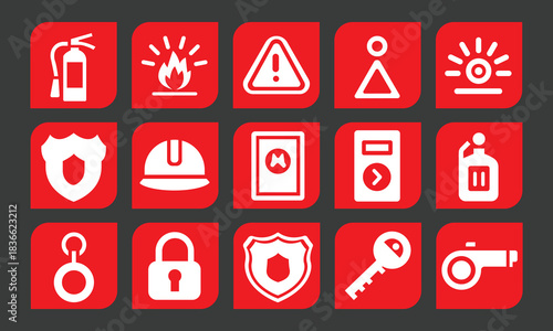 Fire safety and emergency alarm icons set on red background for prevention design