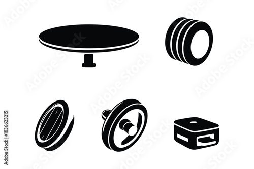 Set of mechanical components including pulleys a wheel and a block