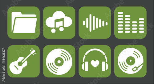Set of Music Icons with Different Types of File Format and Digital Media Player