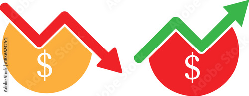  financial pie chart comparison showing profit growth and loss decline with arrows and dollar signs isolated on white background.