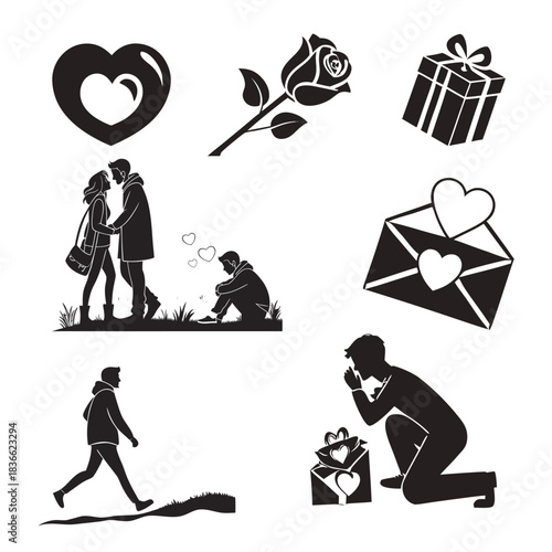 Set of Love and Relationships Vector Silhouettes with Heart Symbol Rose Present Couple Lonely Man Walking and Proposing in Black and White for Graphic Design and Illustration