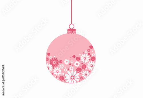 Elegant pink ornament with intricate floral patterns hanging gracefully against a pristine white background, capturing the essence of festive elegance in simplicity