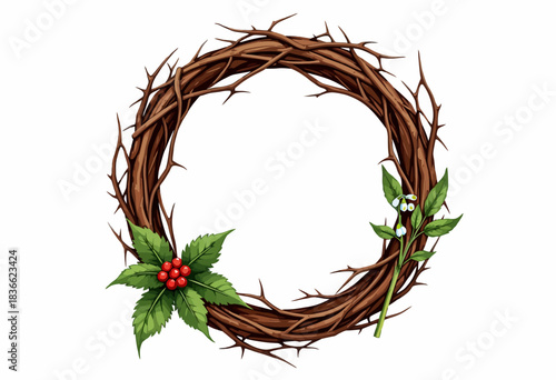 Rustic Thorny Wreath with Holly and Mistletoe Accents for Seasonal Decoration and Natural Holiday Ornamentation