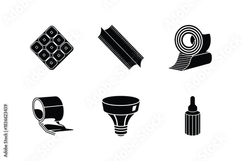 Collection of six black and white illustrations of crafting and repair supplies