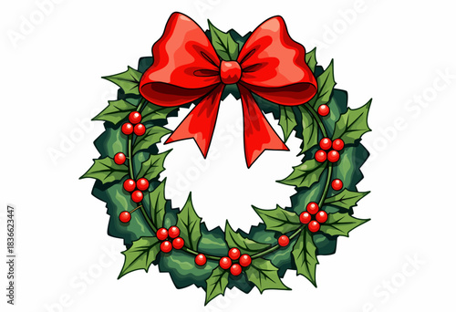 Festive Holiday Wreath with Lush Greenery, Vibrant Red Berries and Bow Celebrating Traditional Seasonal Decorations