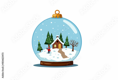 Charming Winter Scene Encapsulated in a Snow Globe Featuring a Cozy Cabin Amidst Snow-Covered Trees and Gently Falling Snowflakes