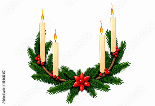 Elegant holiday wreath illustration featuring evergreen branches, red berries, and glowing candles on a white background, perfect for festive seasonal decoration