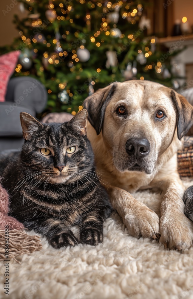 Obraz premium Cat And Dog Resting Together By Christmas Tree In Cozy Living Room