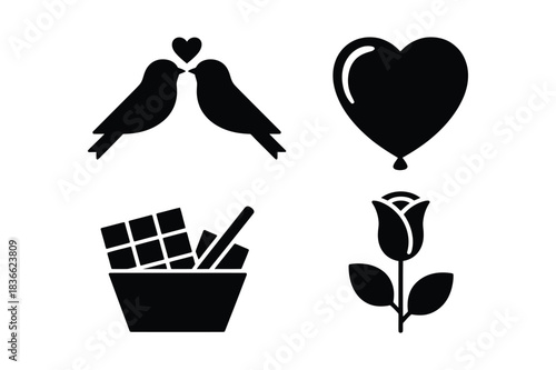 Valentine s day icons featuring love birds heart balloon rose and chocolate