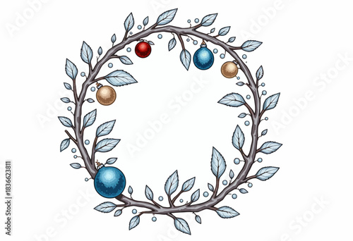 Delicately Illustrated Circular Wreath with Blue, Red, and Gold Baubles on Leafy Branches for Festive Holiday Decor