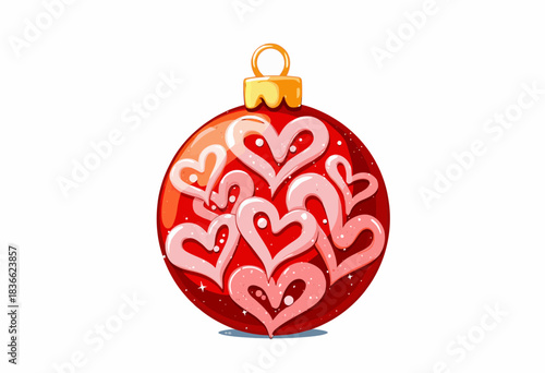 Vibrant Red Christmas Ornament Featuring Pink Heart Designs and Glittering Details Symbolizing Love and Festive Celebration for Holiday Decor