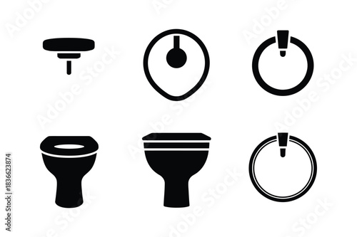Collection of black and white icons representing toilet and power symbols