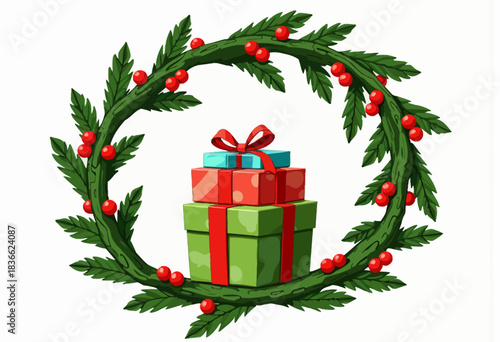 Festive Illustration of Wrapped Gifts Bordered by a Decorative Green Holiday Wreath with Red Berries, Celebrating the Joy of Giving and Festive Traditions