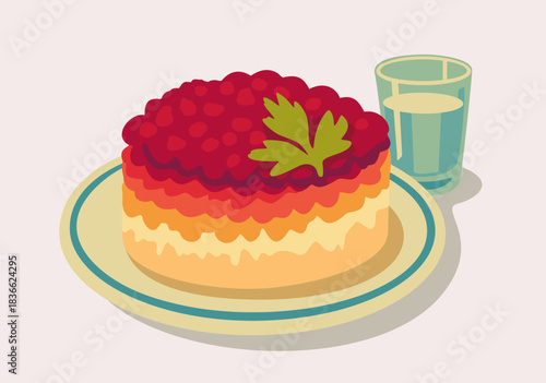 Shuba salad. Beet-coated herring on plate and glass of vodka. Vector isolated illustration