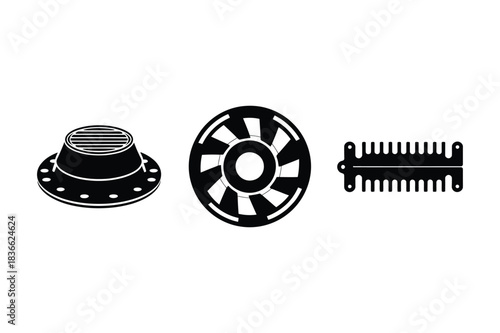 Three black and white silhouette icons of mechanical components