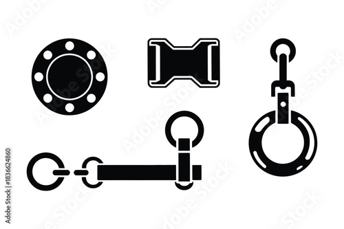 Collection of black hardware components for straps and accessories