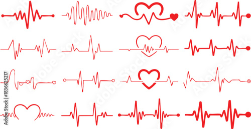 Red heartbeat line collection with heart symbol, cardiology, medical pulse, ECG, EKG design, healthcare clipart vector illustration, health monitoring, digital heartbeat graphics
