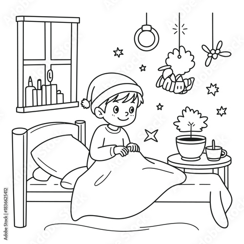 Young boy in bed with nightcap, cozy room for coloring book art