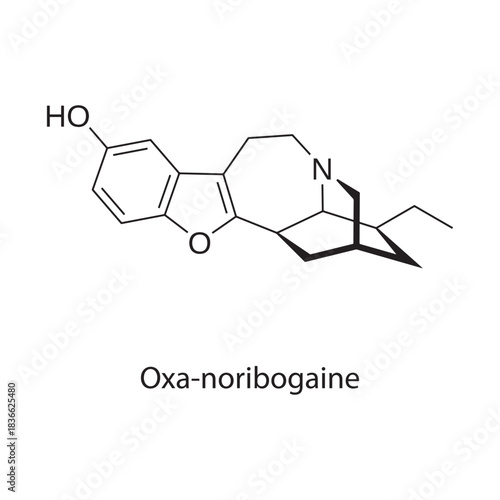 Oxa-Noribogaine Molecular Structure Illustration skeletal formula on white background. Simple chemical illustration.