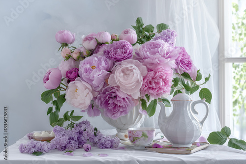 Elegant bouquet of pink and purple flowers on table by window