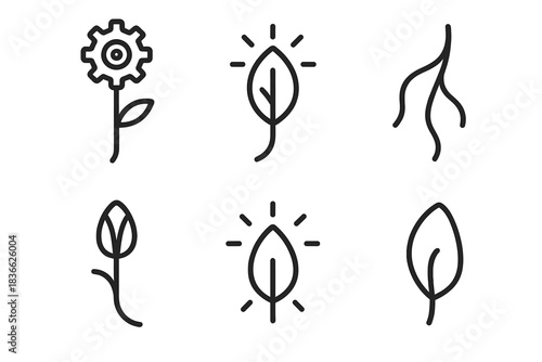 Metallic Bloom Icons. Line style icons of Metallic Bloom: chrome stem, radiant gear core, glowing leaf, curved wire root, steel
