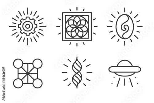 Divine Tech Icons. Line style icons of Divine Technology: radiant mechanism, glowing pattern, curved core, sacred grid, luminous