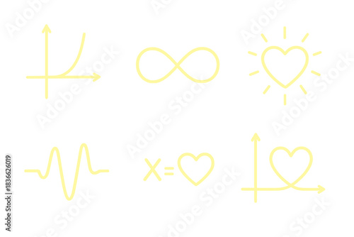 Algebraic Heart Icons. Line style icons of Algebraic Heart: glowing function curve, curved infinity line, radiant heart symbol,