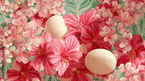 Bright pink flowers surround soft white eggs celebrating the beauty of spring and renewal.