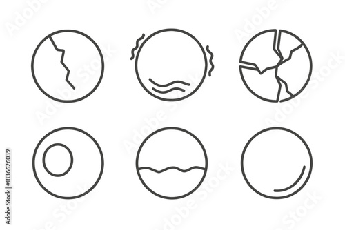 Fragile Spheres Design. Line style vector icons of Fragile Stillness: cracked spheres, trembling outlines, fractured symmetry,