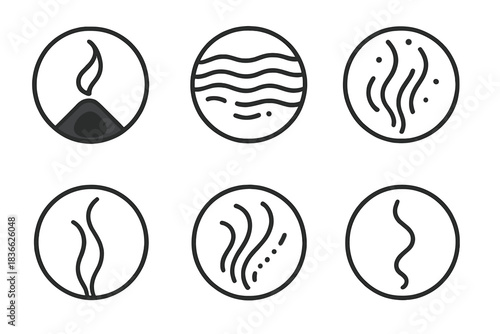 Burnt Elegance Vectors. Line style vector icons of Burnt Elegance: soft charcoal, curved haze, gentle particles, light traces,