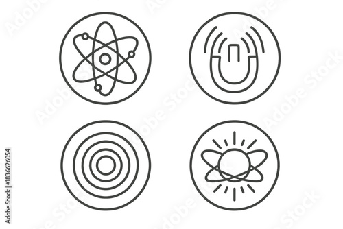 Soft Magnetism Icons. Line style vector icons of Soft Magnetism: orbiting lines, curved energy, light attraction, pulsing warmth,