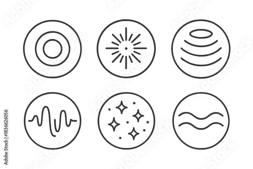 Resonant Glow Icons. Line style vector icons of Resonant Glow: echo circles, vibrating rays, layered light, pulse lines, shining