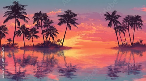 Vibrant colors blend in the sky as sun sets behind palm trees by tranquil water reflecting the beauty.
