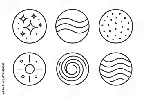 Shimmer Field Icons. Line style vector icons of Shimmer Field: golden glow, smooth ripples, static dots, warm light, circular