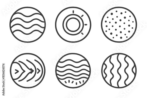 Luminous Flesh Icons. Line style vector icons of Luminous Flesh: soft waves, flickering rings, radiant pores, curved motion,