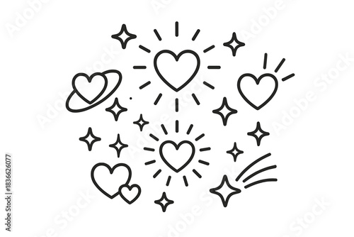 Stellar Embrace Icons. Line style vector icons of Stellar Embrace: orbit hearts, curved stars, radiant halos, cosmic motion,